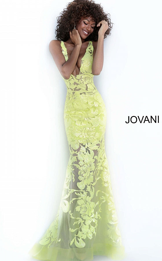 Jovani 60283 Plunging Neckline Prom Dress 60283 Evening Gown Sheer mesh, sequin flower appliques, form fitting silhouette, floor length, sleeveless bodice, plunging V neck, V back, sheer mesh inserts on the sides. Long sheer embroidered and sequined deep v-neck sleeveless formal gown with an open v-back by Jovani. sheer bodice & Top as well as skirt. Backless Dress Open Back Red Carpet Dress 