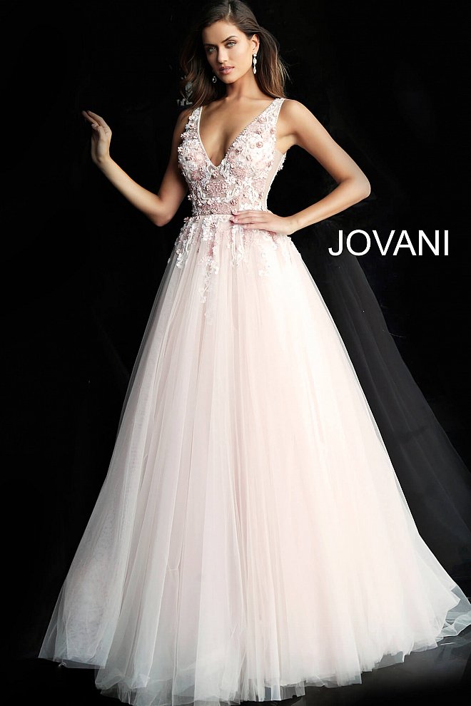 Jovani 61109 Blush floral applique tulle prom ball gown with a sheer sleeveless bodice, low v-neckline, V-shaped back and sheer sides, floor-length A-line flared and pleated skirt. A line V Neck Ballgown Prom Dress  Available Colors: Blush, Light Blue  Available Sizes 00-24