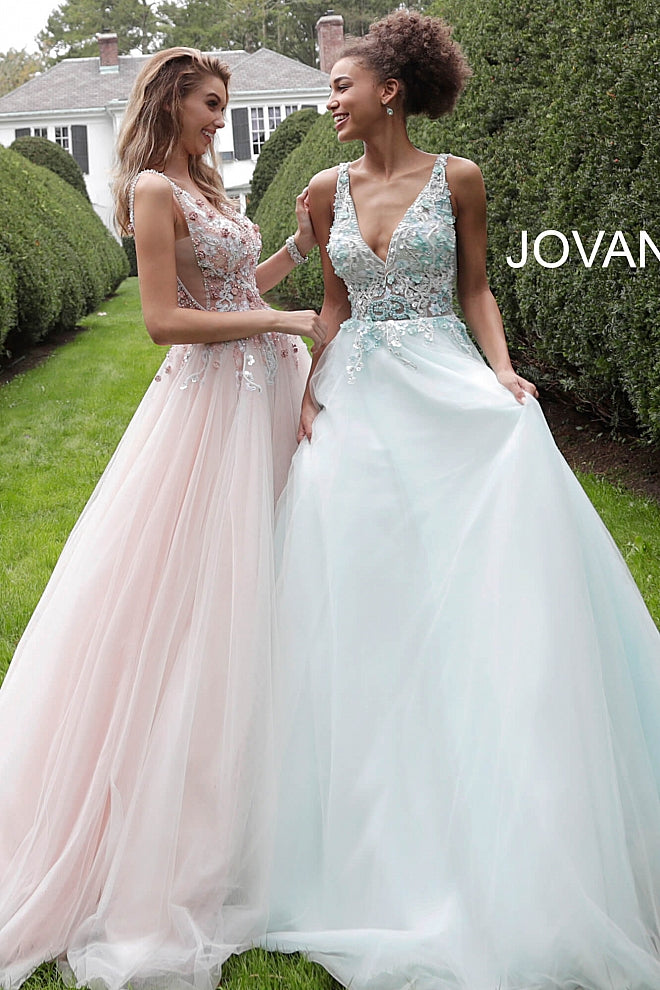 Jovani 61109 Blush floral applique tulle prom ball gown with a sheer sleeveless bodice, low v-neckline, V-shaped back and sheer sides, floor-length A-line flared and pleated skirt. A line V Neck Ballgown Prom Dress  Available Colors: Blush, Light Blue  Available Sizes 00-24