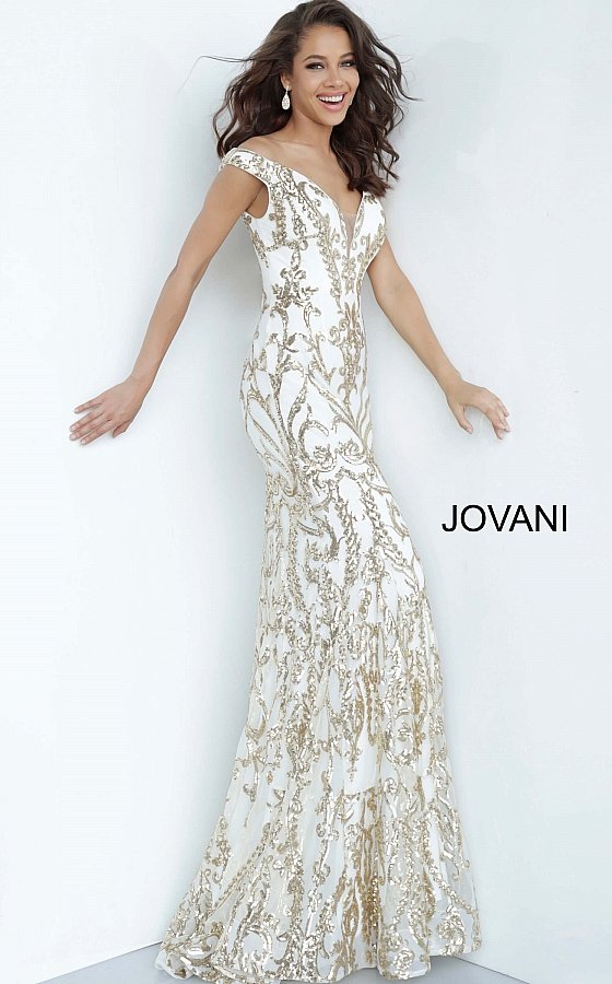 Jovani 63349 Long Fitted sequin embellished Damask Print pageant gown with off the shoulder straps, sexy fit & Flare mermaid 2020 prom dresses, Pageant dresses & Formal Evening wear by Jovani! Lush Skirt with sweeping train. Long Sequin off the shoulder Prom Dress Pageant Mermaid Gown  Available Colors: Blush