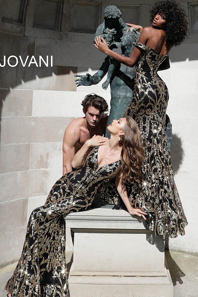 Jovani 63349 Long Fitted sequin embellished Damask Print pageant gown with off the shoulder straps, sexy fit & Flare mermaid 2020 prom dresses, Pageant dresses & Formal Evening wear by Jovani! Lush Skirt with sweeping train.