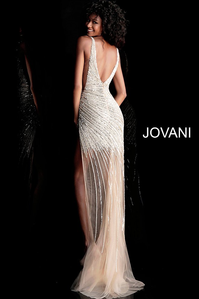 Jovani 63405 Sheer High Low Side Slit Beaded Formal Dress Prom Pageant Gown fully beaded long prom dress with low v-neckline, sleeveless fitted bodice, sheer side panels and v-back, floor length fitted sheer skirt with high open side slit. Glass Slipper Formals