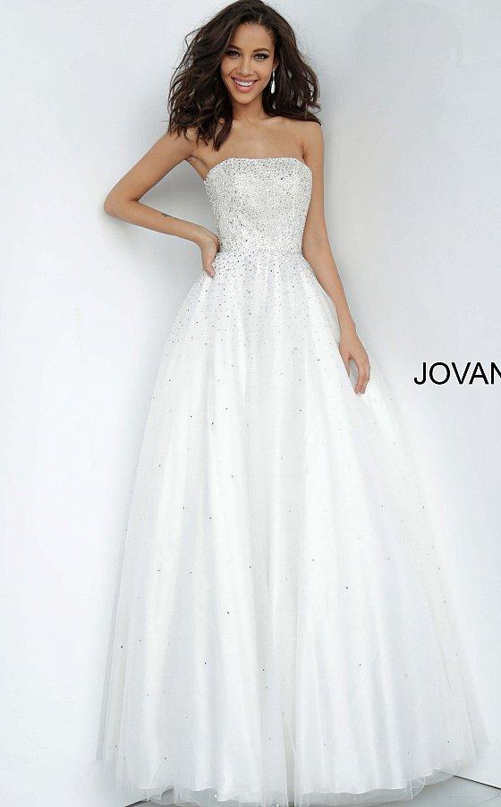 Jovani 65664 is a Prom Dress, Pageant Gown & simple wedding dress. Embellished tulle ballgown, fully lined, full floor length skirt, strapless bodice, straight neckline, lace up back. Available Sizes: 00-24  Available Colors: light-blue, light-pink, off-white