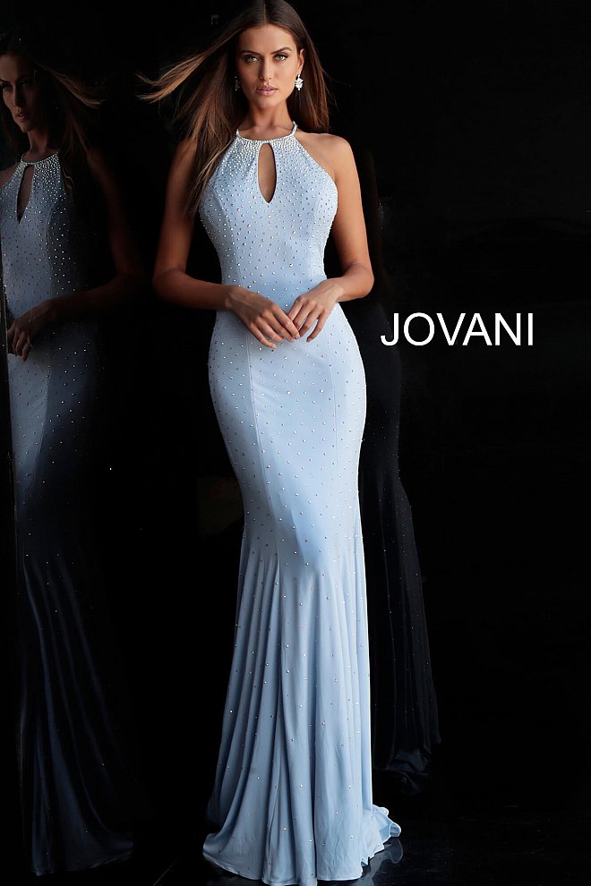 Jovani 67101 Long keyhole neckline embellished prom dress Fit Flare Open Back