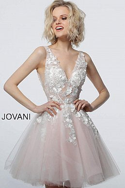 Jovani 63987 Floral Appliques Fit and Flare Short Homecoming Cocktail Dress 