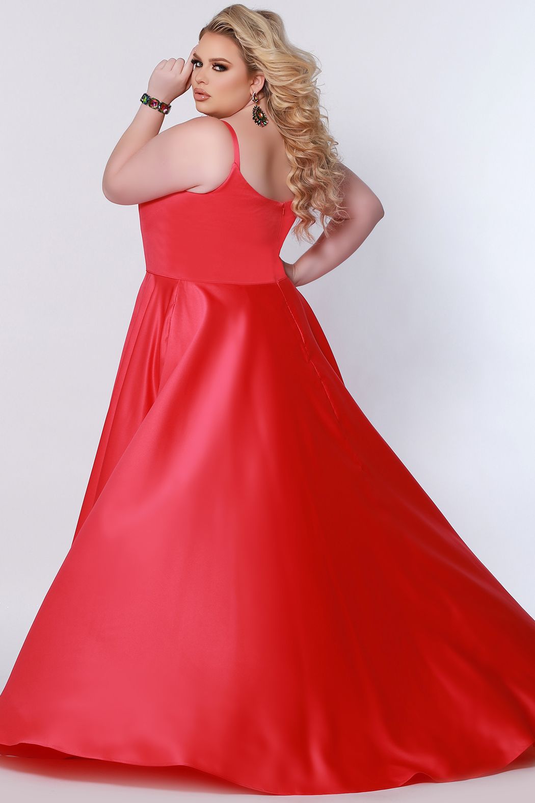 Sydneys Closet SC7335 Satin Prom Dress Scoop Neckline Plus Sized A Line