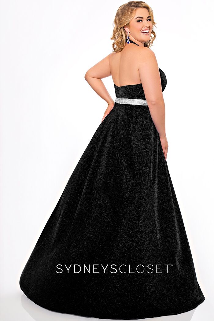 Sydneys Closet SC7289 Plunging V neckline with mesh panel embellished belt long a line shimmer prom dress plus sized formal evening gown