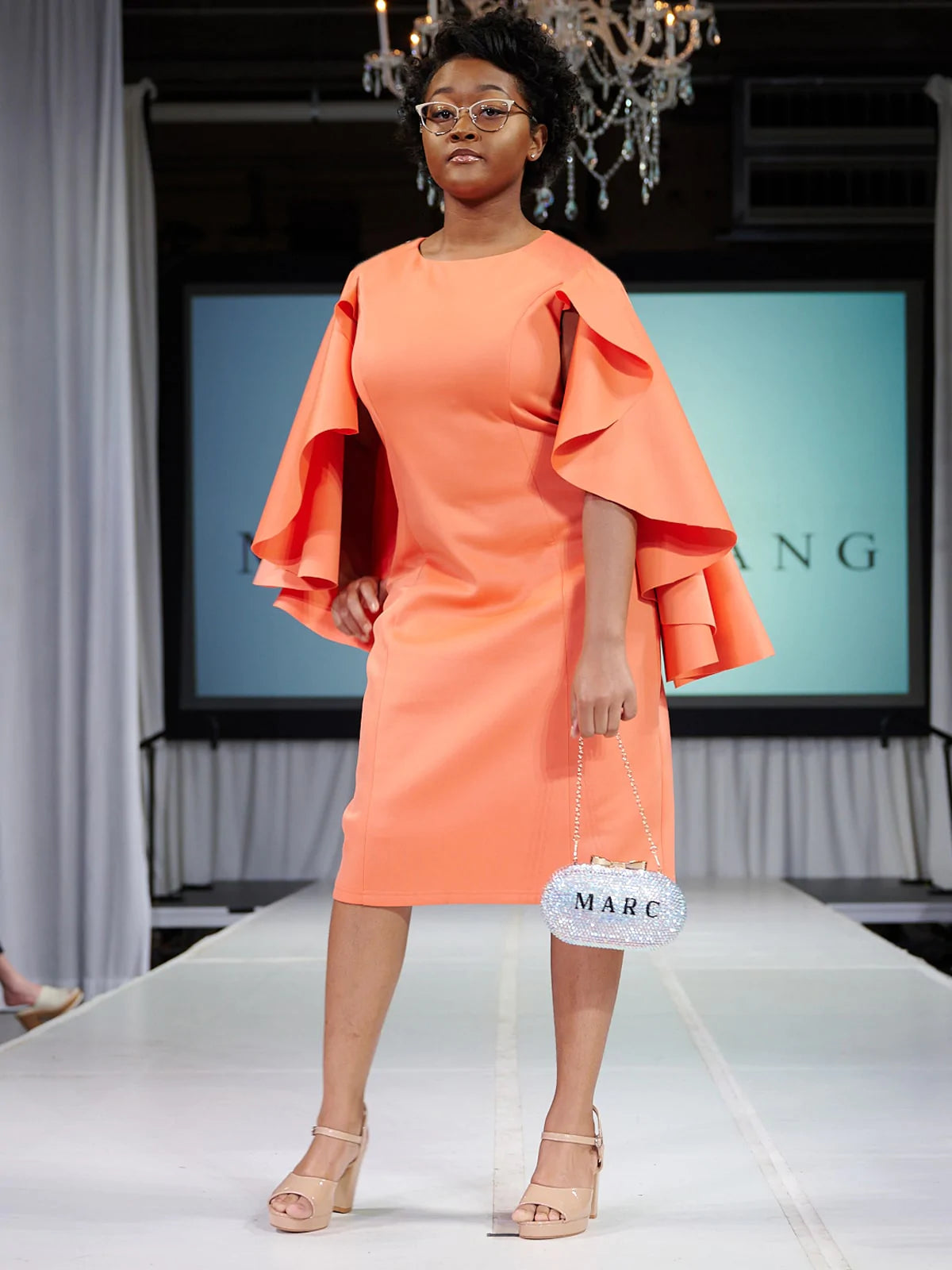 Marc Defang 8157 Size 2 Orange Short Scuba Draped Sleeve Cocktail Interview Pageant Dress Evening Gown