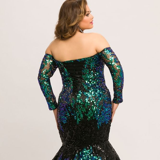 Johnathan Kayne for Sydneys Closet JK2010 Cobra off the shoulder long sleeves plunging neckline mermaid plus size prom dress with corset back embellished with stones