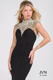 JVN47786 This is a black stretch jersey mermaid evening gown that features a scalloped jeweled sheer neckline and open back. Prom Dress 