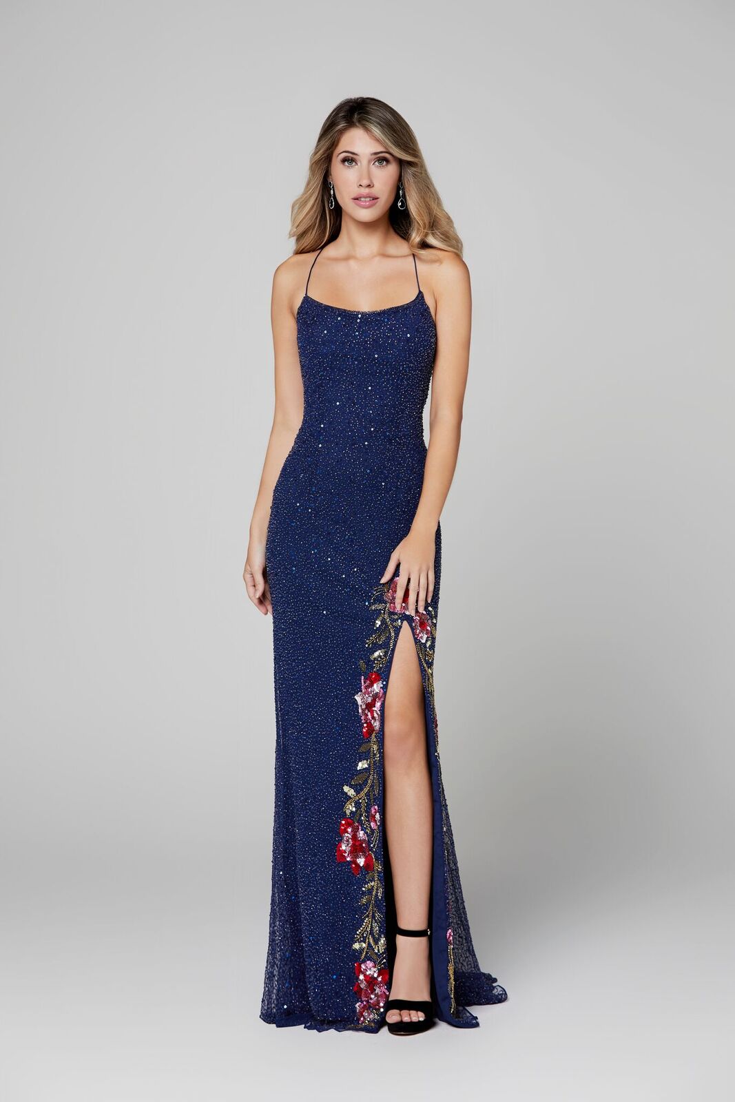 Primavera Couture 3427 size 4, 10 Royal Blue sequin beaded prom dress floral slit details