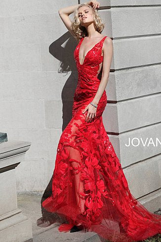 Jovani 60283 Available Colors: black, forest, fuchsia, light-blue, red, rose/gold, royal, tangerine, white, yellow Available Sizes: 00 - 24 Closure: Invisible Back Zipper with Hook and Eye Closure.   Details: Sheer mesh, sequin flower appliques, form fitting silhouette, floor length, sleeveless bodice, plunging V neck, V back, sheer mesh inserts on the sides. Long sheer embroidered and sequined deep v neck sleeveless formal gown with an open v-back by Jovani.