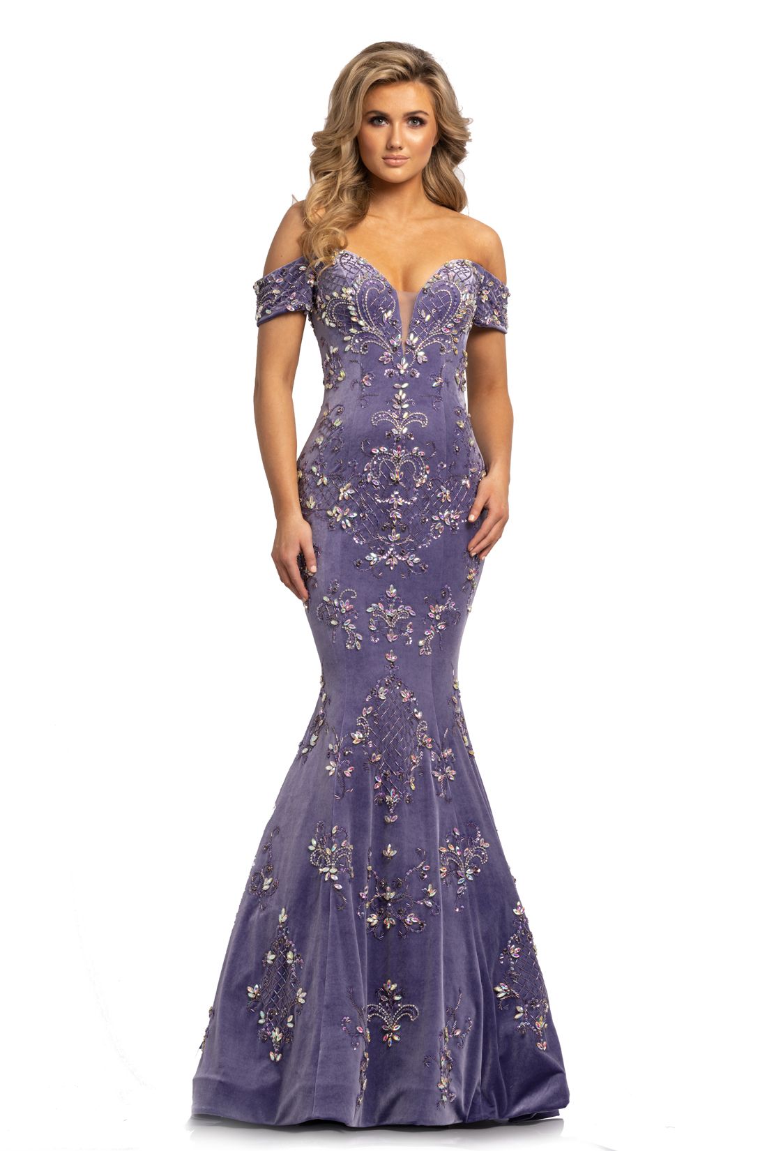 Johnathan Kayne 2176 is a long fit & Flare Mermaid Silhouette Crushed Velvet Formal Evening Gown. This Pageant Dress Features Crystal embellished off the Shoulder sleeves and a sweetheart Plunging neckline. Lush Trumpet skirt with sweeping train. Bodice is embellished with hand beading and crystal rhinestones. Prom Dress Evening Gown   Available Colors: Periwinkle, Royal, Black  Available Sizes: 0-16