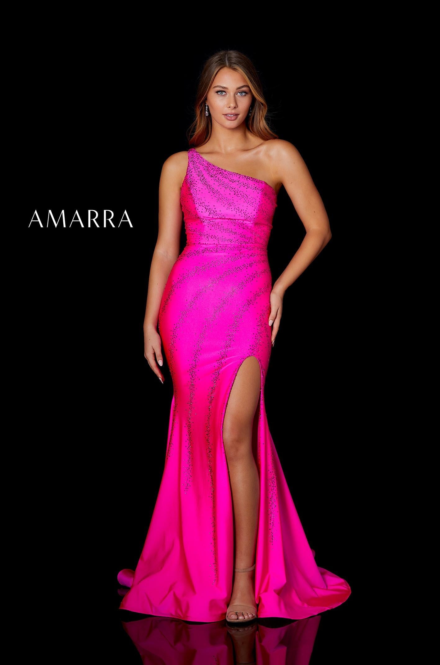 Amarra 87306 Long Fitted Jersey One Shoulder Crystal Embellished Dress Slit Prom Pageant Fitted one shoulder rhinestone jersey gown featuring a high leg slit, low lace-up back, and sweep train.  Available Sizes: 00-16  Available Colors: Bright Fuchsia, Green, Turquoise