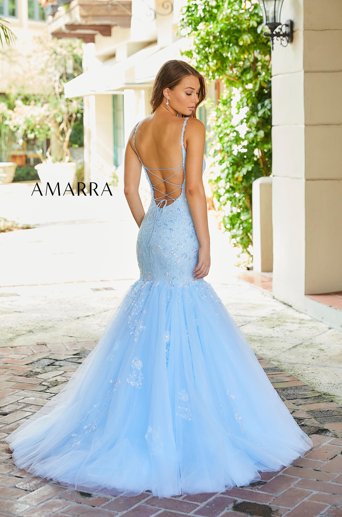 Amarra 87339 Sequin Embellished Tulle Mermaid Prom Dress Backless Corset Lace Gown extreme tulle trumpet skirt with sweeping train.   Available Sizes: 00-16  Available Colors: Light Blue, Lilac, Neon Pink