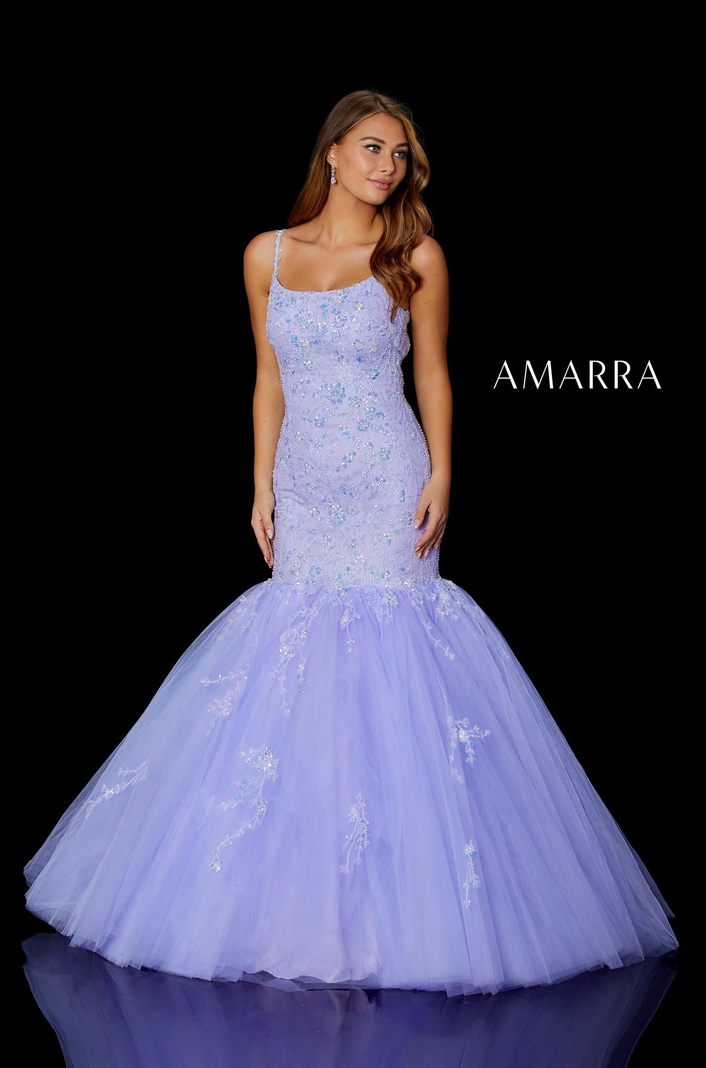 Amarra 87339 Sequin Embellished Tulle Mermaid Prom Dress Backless Corset Lace Gown extreme tulle trumpet skirt with sweeping train.   Available Sizes: 00-16  Available Colors: Light Blue, Lilac, Neon Pink