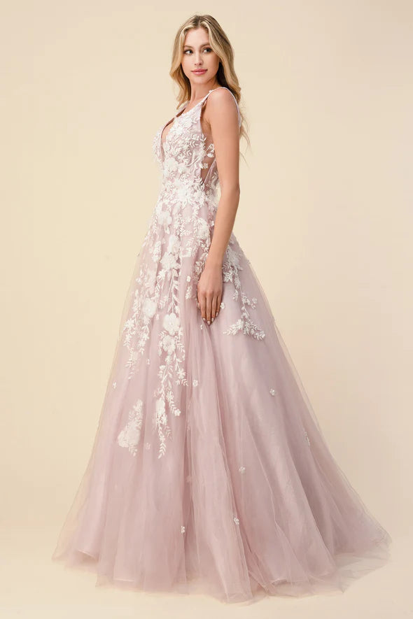 Andrea and Leo GARDENIA Dress A1028 Floral 3D Lace Prom Dress A line.  Gardenia gown is a layered tulle ball gown with floral diamond glitter motif trickling down the gown. 3D organza flowers add couture depth to the garment, while the pastel tone of the dress provides soft backdrop to the floral shimmer. The bodice features a illusion V-neckline with sheer side with deep V-back. The skirt is A-line shape with crinoline to support the