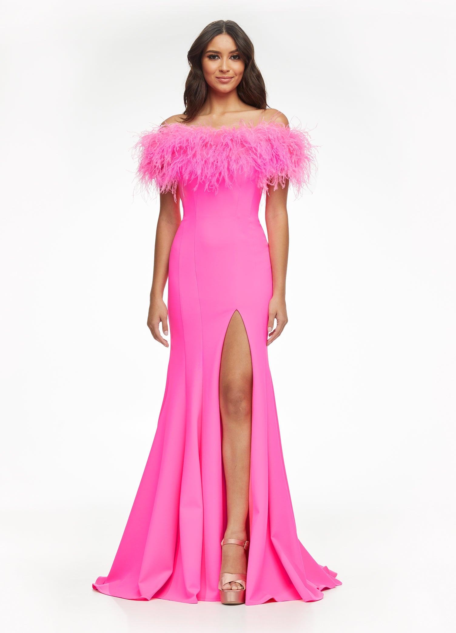 Ashley Lauren 11099 Feather Trimmed Prom Dress.  This elegant and fun prom dress is also excellent for pageants or other formal evening events.  It has an off the shoulder feather neckline that wraps all the way across your arms and to the back.  The long scuba skirt has a left leg slit and it has a train.  Colors:  Hot Pink, White, Turquoise, Hot Pink/Black  Sizes:   0, 2, 4, 6, 8, 10, 12, 14, 16