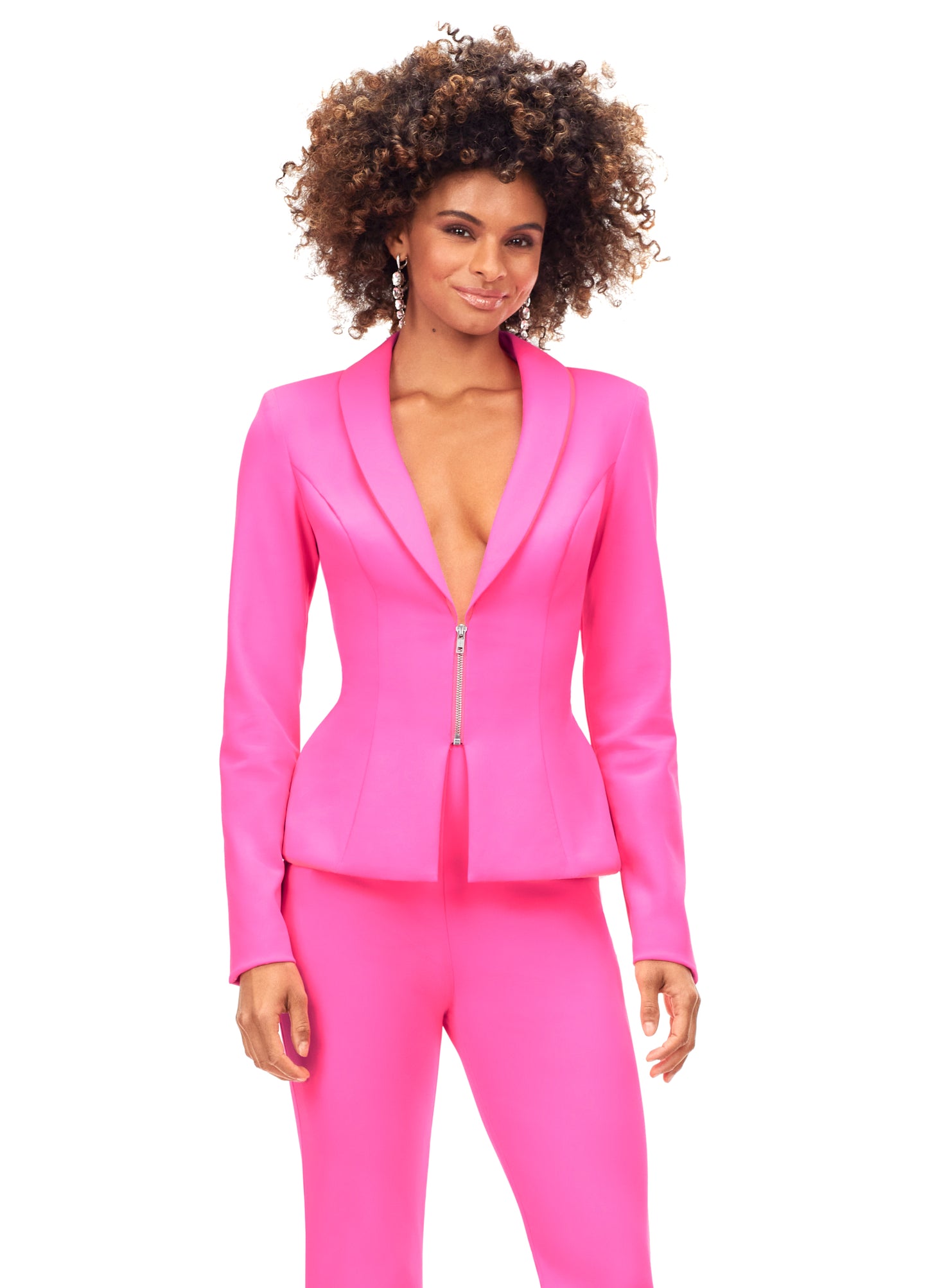 Ashley Lauren 11225 This powerful scuba pantsuit features a blazer with an exposed metal zipper. The flare pants complete the look. Two Piece Pantsuit Scuba Exposed Front Zipper Flare Pants Hot Pink