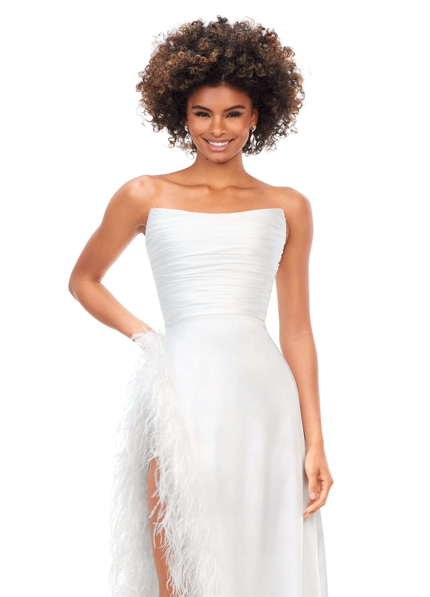 Ashley Lauren 11313 Ivory Prom, Pageant, Reception, Formal Evening Dress. We love a feather moment! This strapless satin gown features a ruched bodice giving way to a slight a-line skirt. The skirt is complete with a high right leg slit trimmed in feathers that continue to cascade down the hemline. front