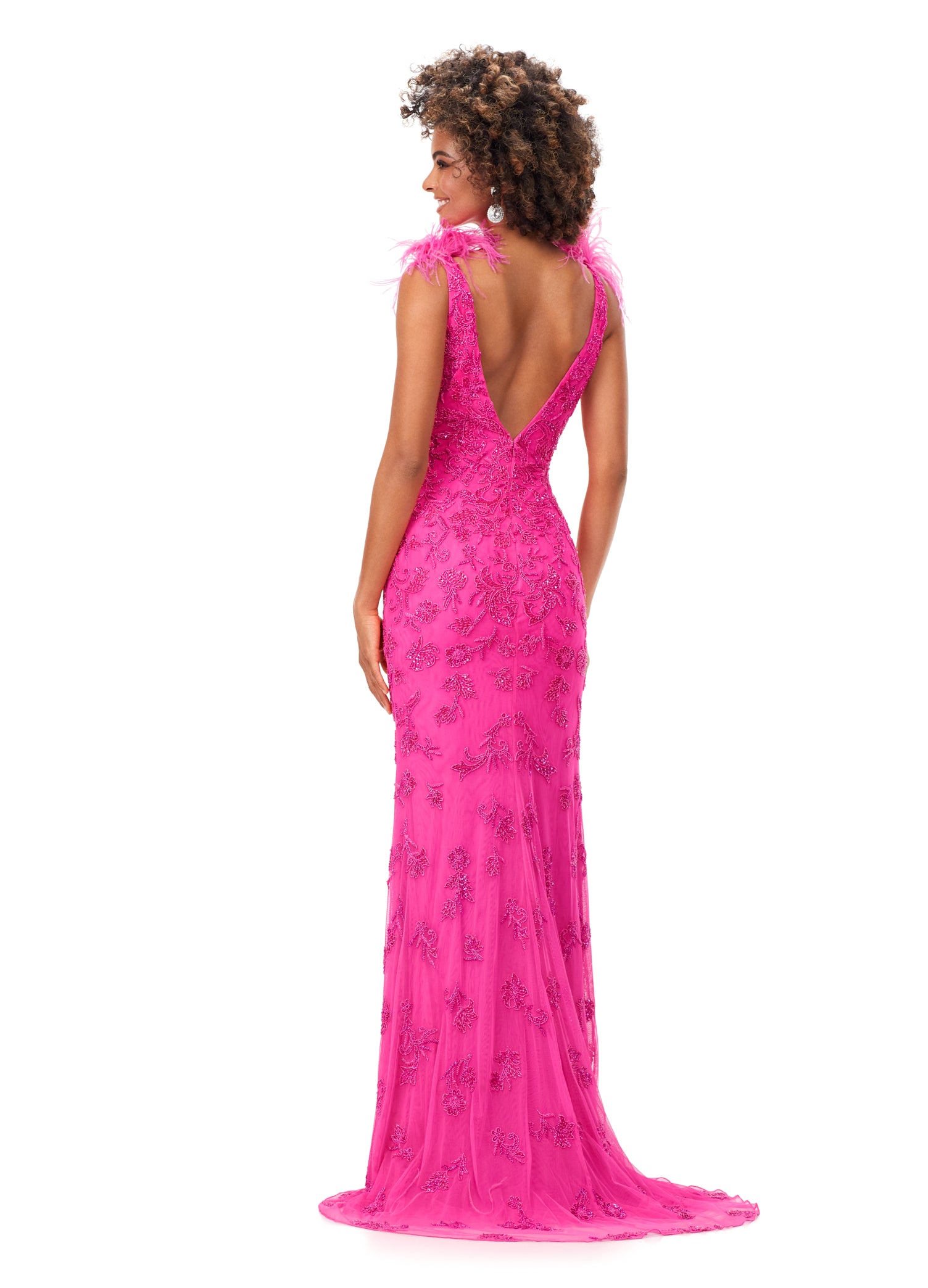 Ashley Lauren 11349 Beading and feathers! This style features a v-neckline complete with feather shoulder details. Gorgeous beading is scattered throughout the gown. V-Neckline Feather Shoulders V-Back Sweep Train COLORS: Hot Pink, Ivory, Sky, Black