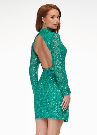 Ashley Lauren 4252 Size 12 Jade Cocktail Dress long sleeve short sequin fitted homecoming dress