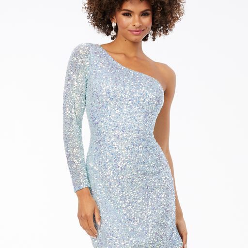 Ashley Lauren 4457 Cocktail Dress.  This is a perfect homecoming or pageant dress, pick your color.  The fitted dress is fully hand beaded sequins with one shoulder neckline and a sheer beaded long sleeve.