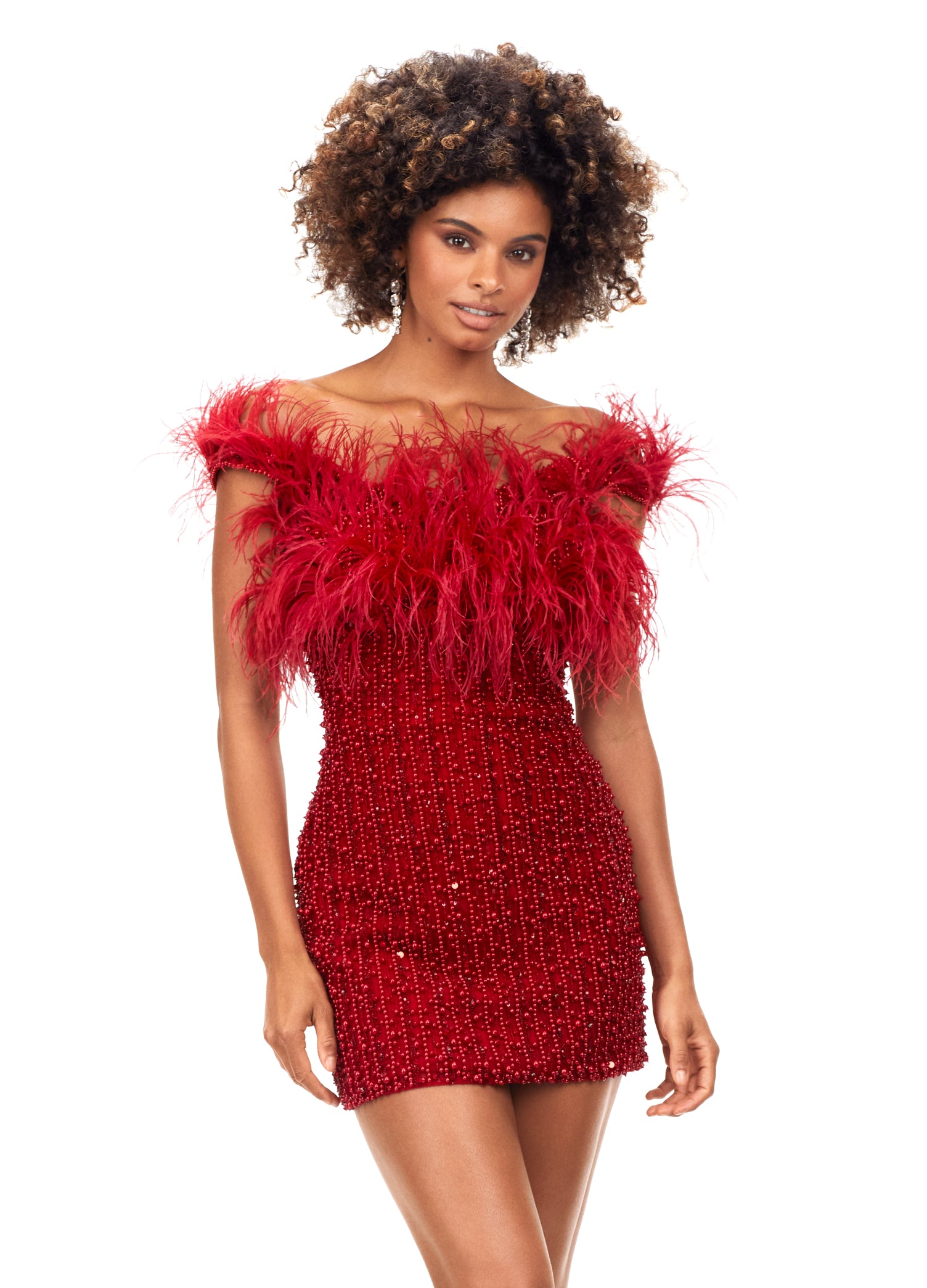 Ashley Lauren 4566 An off shoulder cocktail dress ready for the red carpet. This fully beaded dress features tonal feathers along the neckline. Off Shoulder Fully Beaded Pearl Details Feathers COLORS: Red, White