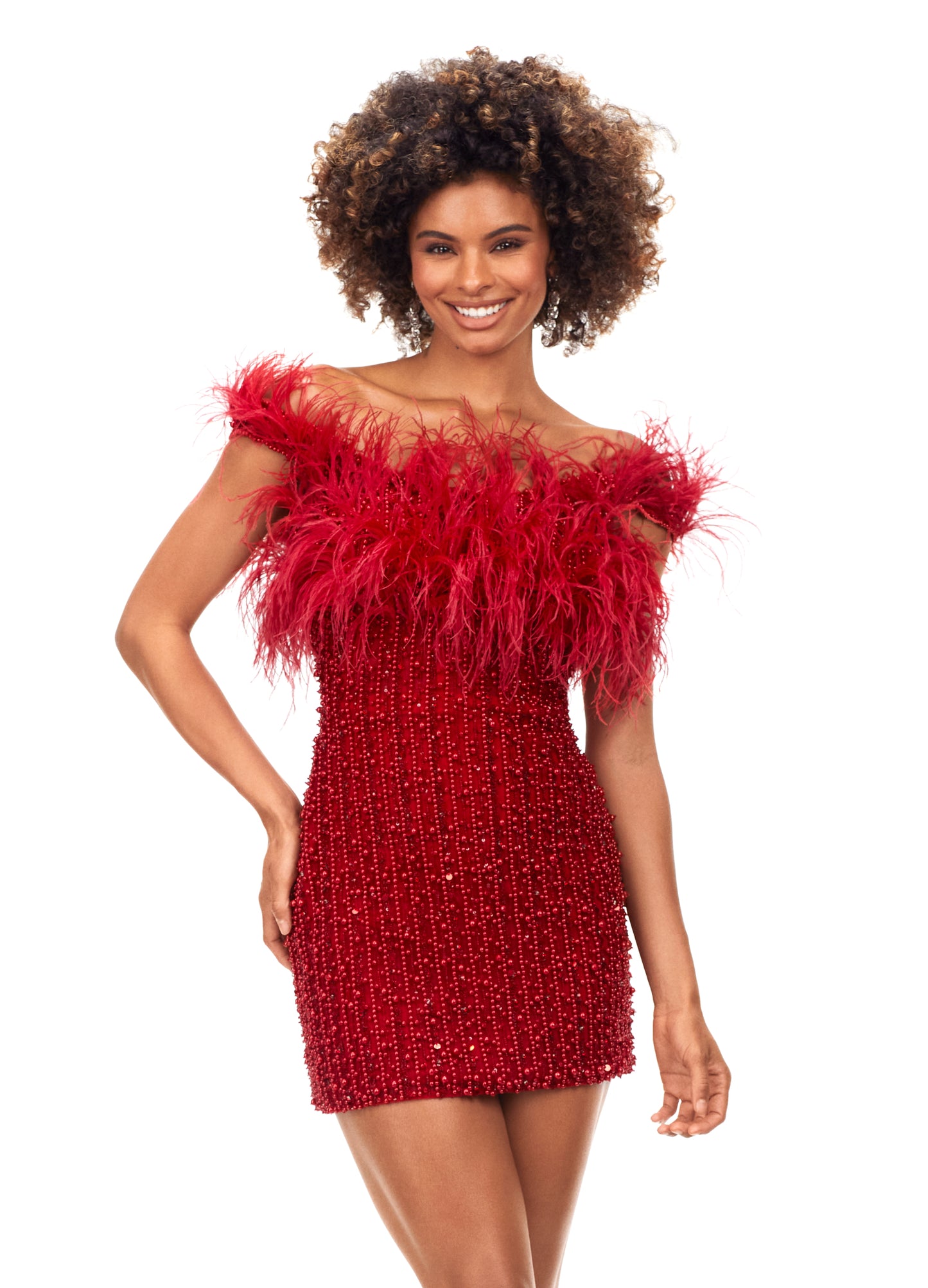 Ashley Lauren 4566 An off shoulder cocktail dress ready for the red carpet. This fully beaded dress features tonal feathers along the neckline. Off Shoulder Fully Beaded Pearl Details Feathers COLORS: Red, White