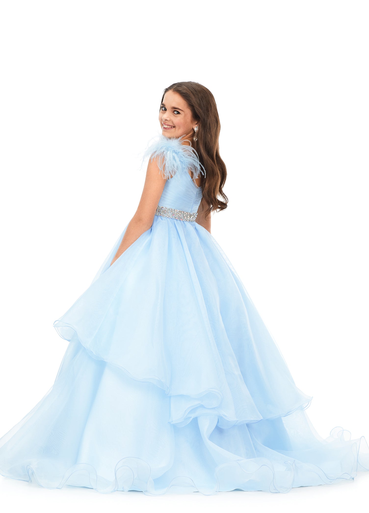 Ashley Lauren Kids 8184 Girls Pageant Dress Ball Gown with Feather Details  This organza kids ball gown features feather shoulders cascading to a crystal encrusted waistline. The layered skirt completes the look.