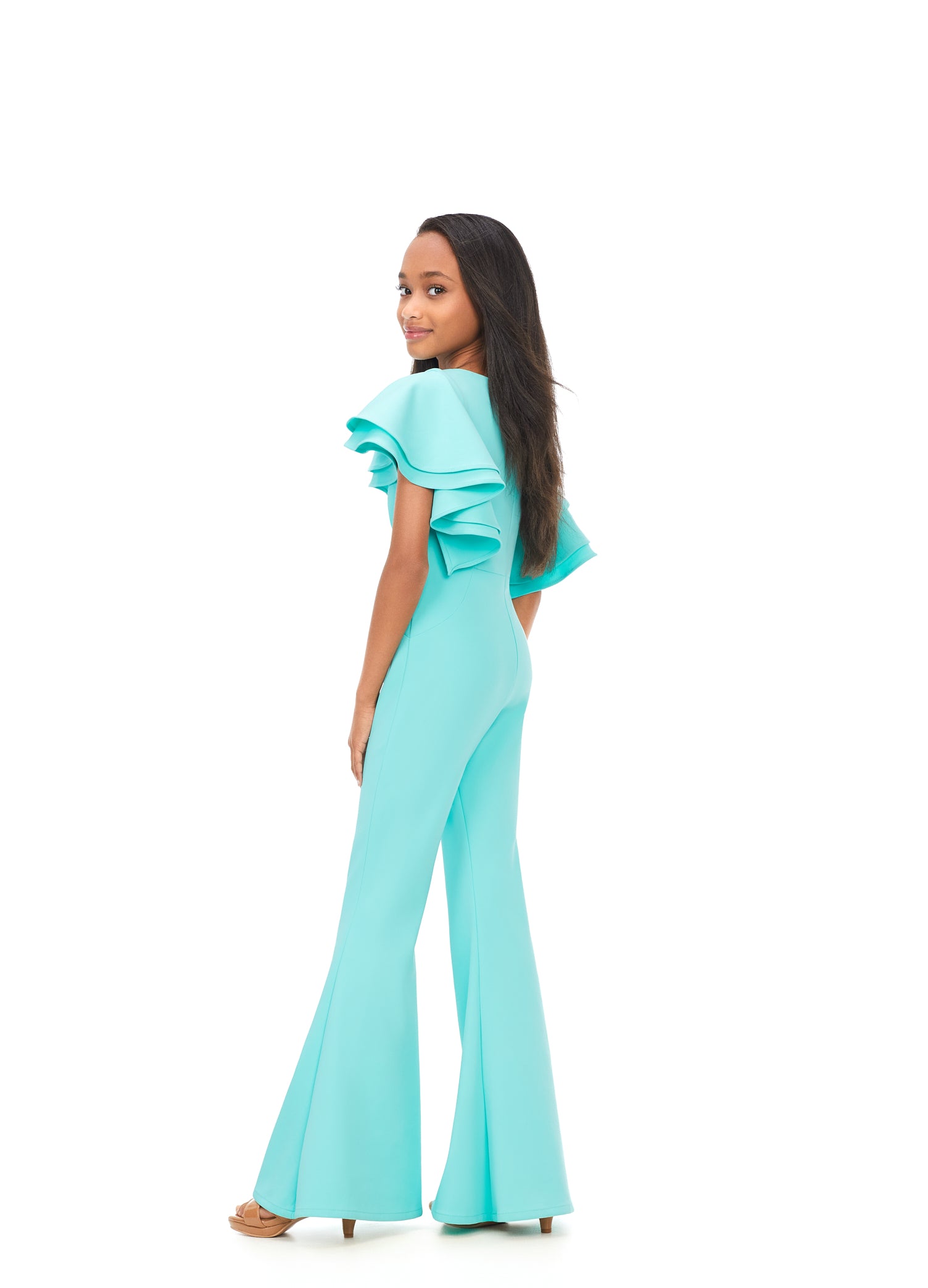 Ashley Lauren Kids 8156 Girls Crew neck jumpsuit with ruffle sleeves  The perfect jumpsuit for any occasion. This jumpsuit features a crew neckline, ruffle sleeves and flare bottom pants.