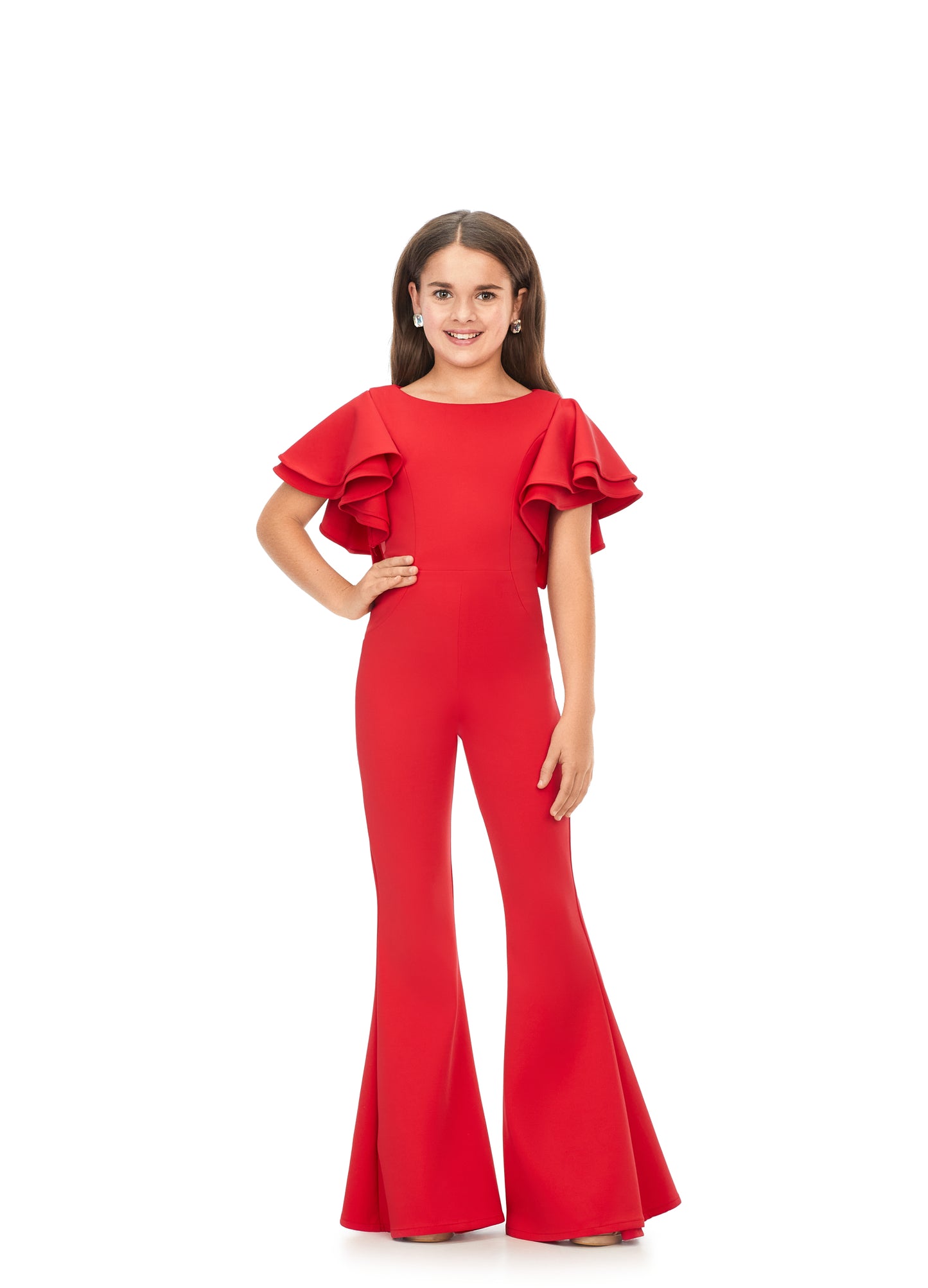 Ashley Lauren Kids 8156 Girls Crew neck jumpsuit with ruffle sleeves  The perfect jumpsuit for any occasion. This jumpsuit features a crew neckline, ruffle sleeves and flare bottom pants.