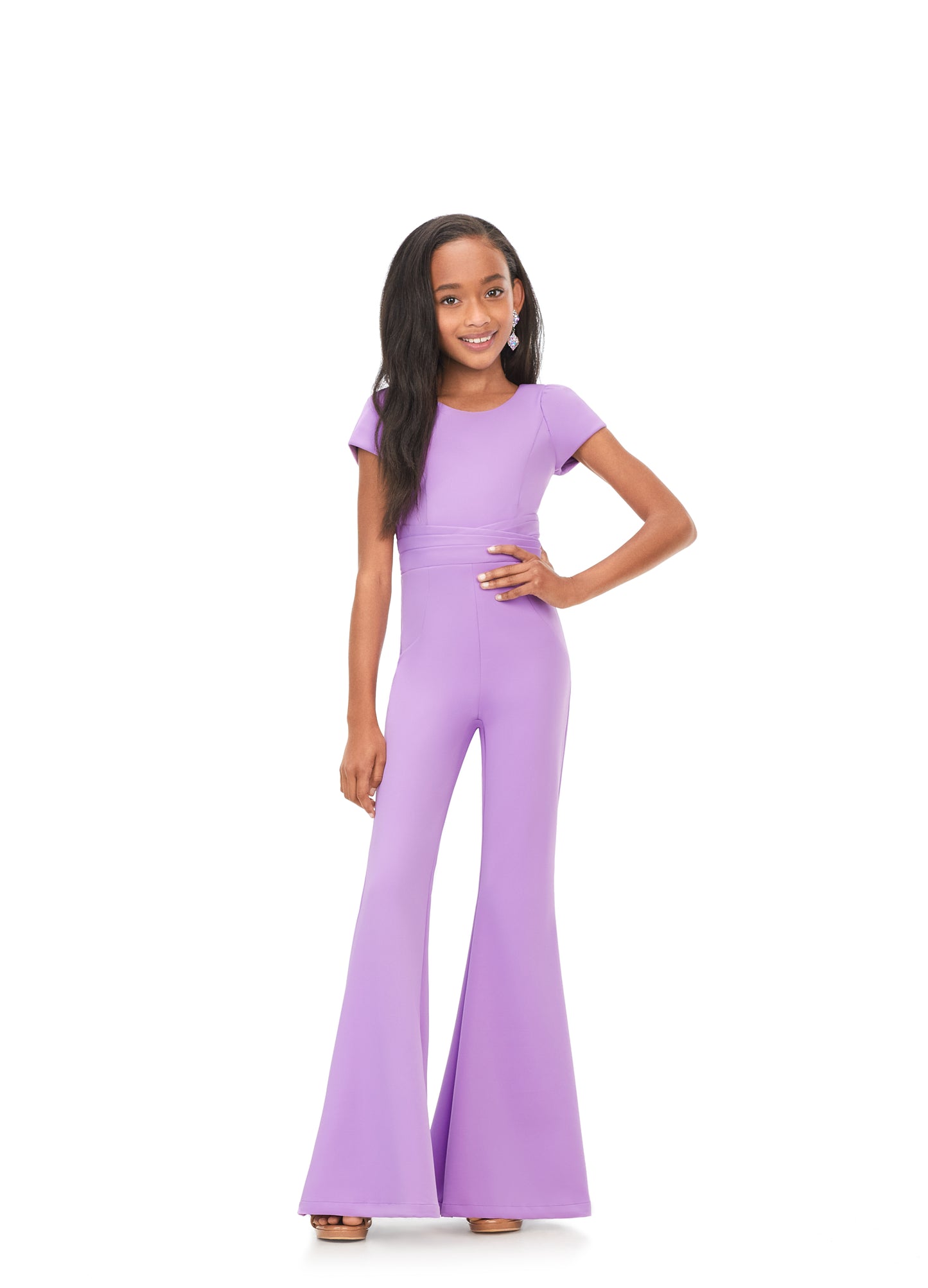 Ashley Lauren Kids 8157 Orchid Crew Neck Scuba Kids Pageant Jumpsuit with Cap Sleeves front