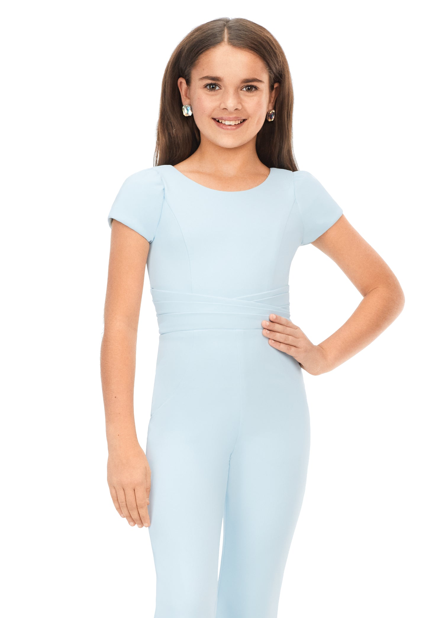 Ashley Lauren Kids 8157 Sky Blue Girls Crew Neck Scuba Kids Pageant Jumpsuit with Cap Sleeves front