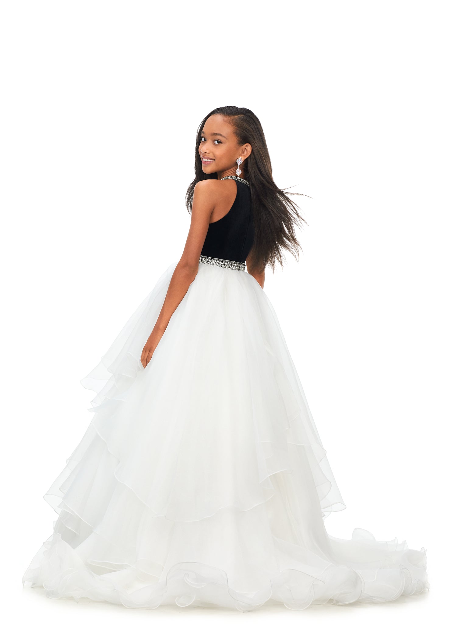 Ashley Lauren Kids 8179 Girls Halter Ball Gown Pageant Dress with Handkerchief Skirt   This kids halter style ball gown is accented with a velvet bodice. The neckline and waistline are embellished with crystal details. The full organza handkerchief style skirt is sure to wow!