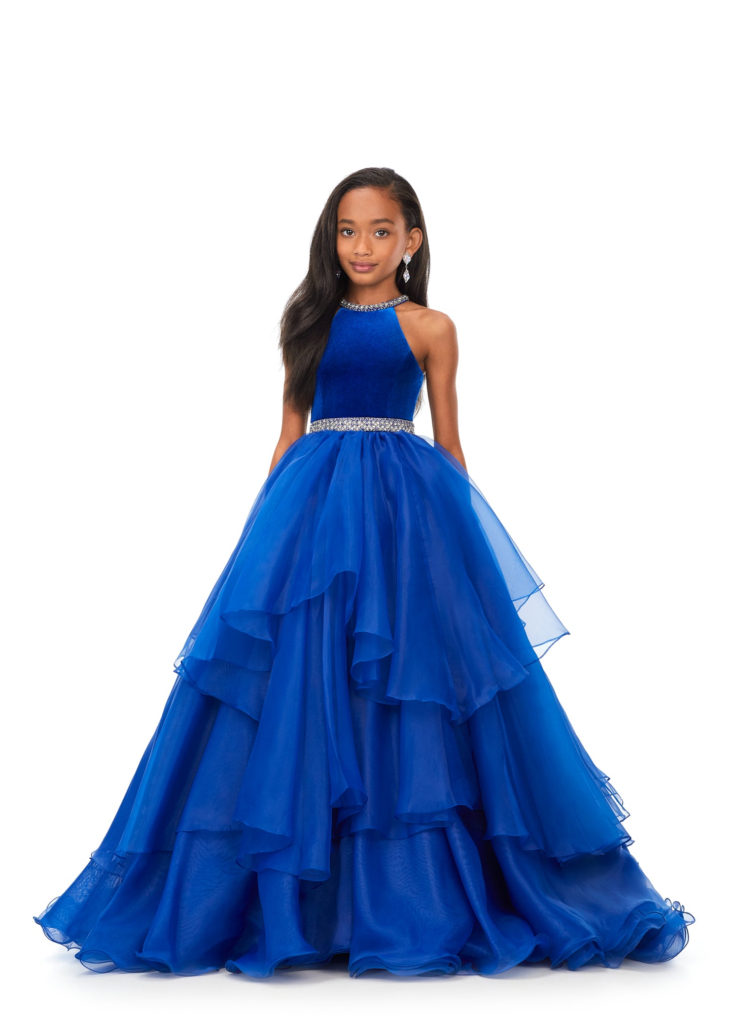 Ashley Lauren Kids 8179 Girls Halter Ball Gown Pageant Dress with Handkerchief Skirt   This kids halter style ball gown is accented with a velvet bodice. The neckline and waistline are embellished with crystal details. The full organza handkerchief style skirt is sure to wow!