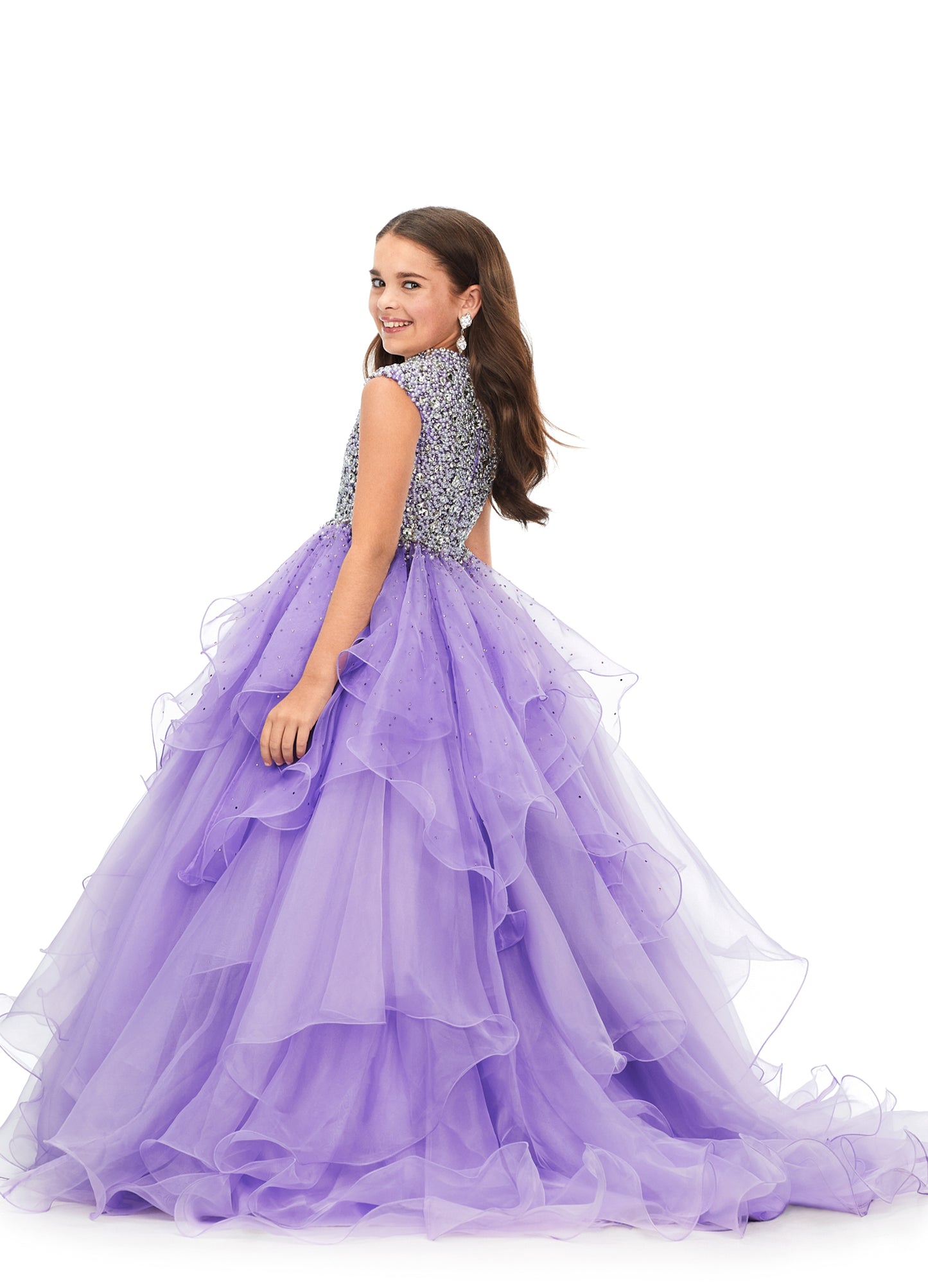 Ashley Lauren Kids 8180 Girls High Neckline Ball Gown with Organza Ruffle Pageant Skirt  Make them stop and stare in this kids high neckline ball gown with cap sleeves. The fully encrusted crystal and pearl bodice is sure to have all eyes on you. The a-line organza ruffle skirt is complete with scattered heat set stones throughout.