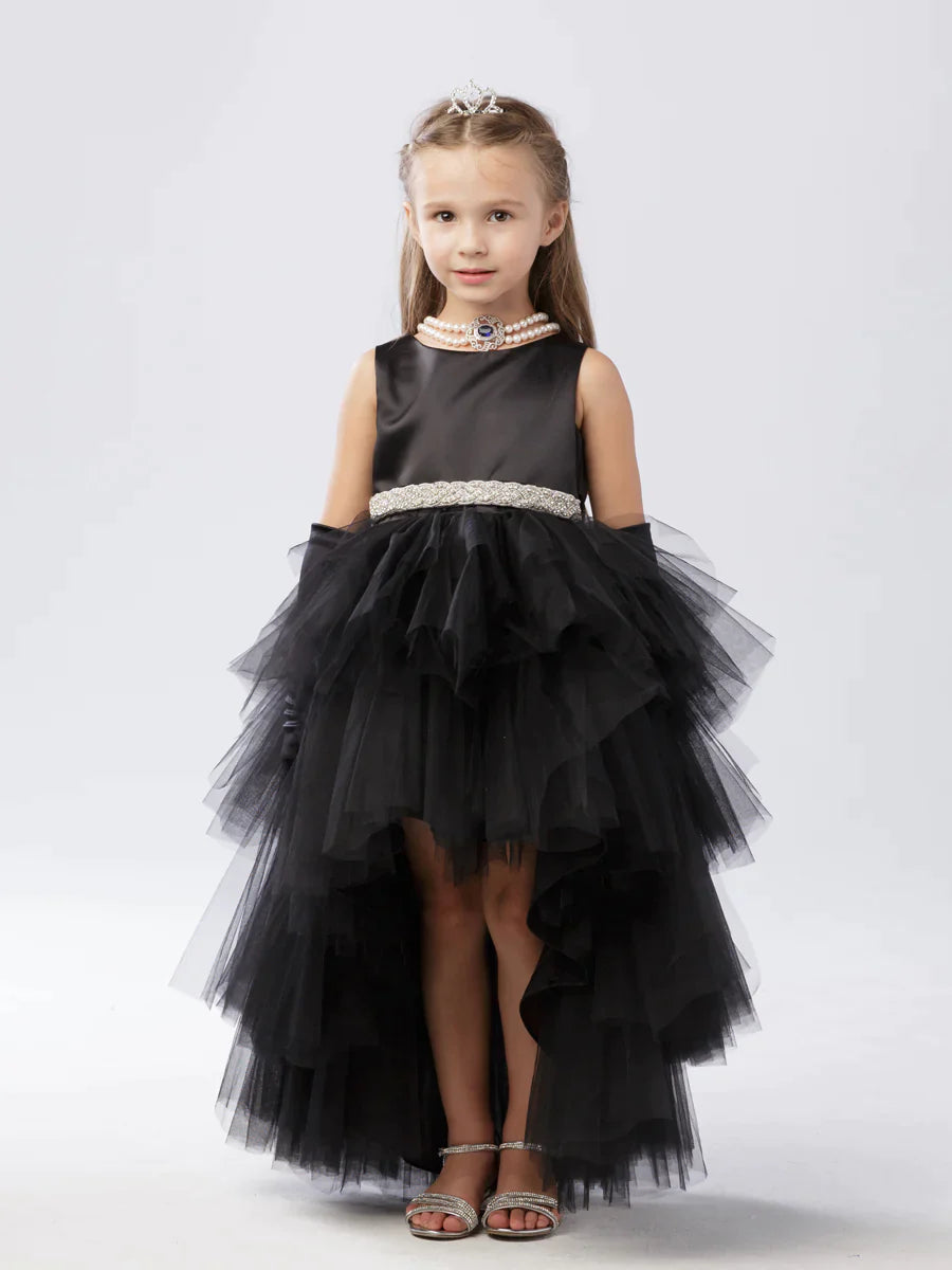 This Tip Top 5658 Girls Layered Tulle High Low Skirt Formal Dress is a perfect choice for that special day. The tulle high-low skirt, satin formal gown, and flower girl satin sash come together to create a beautiful, unique look perfect for flower girls, junior bridesmaids or formal occasions.  Sizes: 6M-16  Colors: Black, Blush, Burgundy, Eggplant, Ivory, Red, Royal Blue, White, Champagne, Lilac, Sky Blue