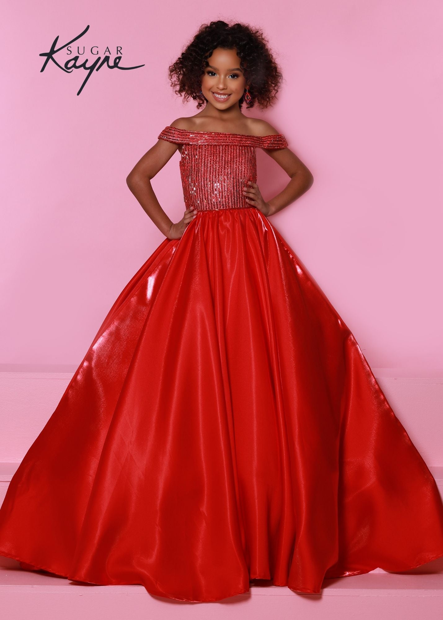 Sugar Kayne C313 Long Shimmer Satin off the shoulder Girls Pageant Dress Crystal Bodice Product Details Twinkle twinkle little star – what a princess you will be! Shine bright in this shimmer satin ballgown. The bodice is completed with fully beaded rhinestone trim and off-the-shoulder straps.  Color Aqua, Royal, Red, White  Size 2, 4, 6, 8, 10, 12, 14, 16  Fabric Shimmer Satin, Satin Lining