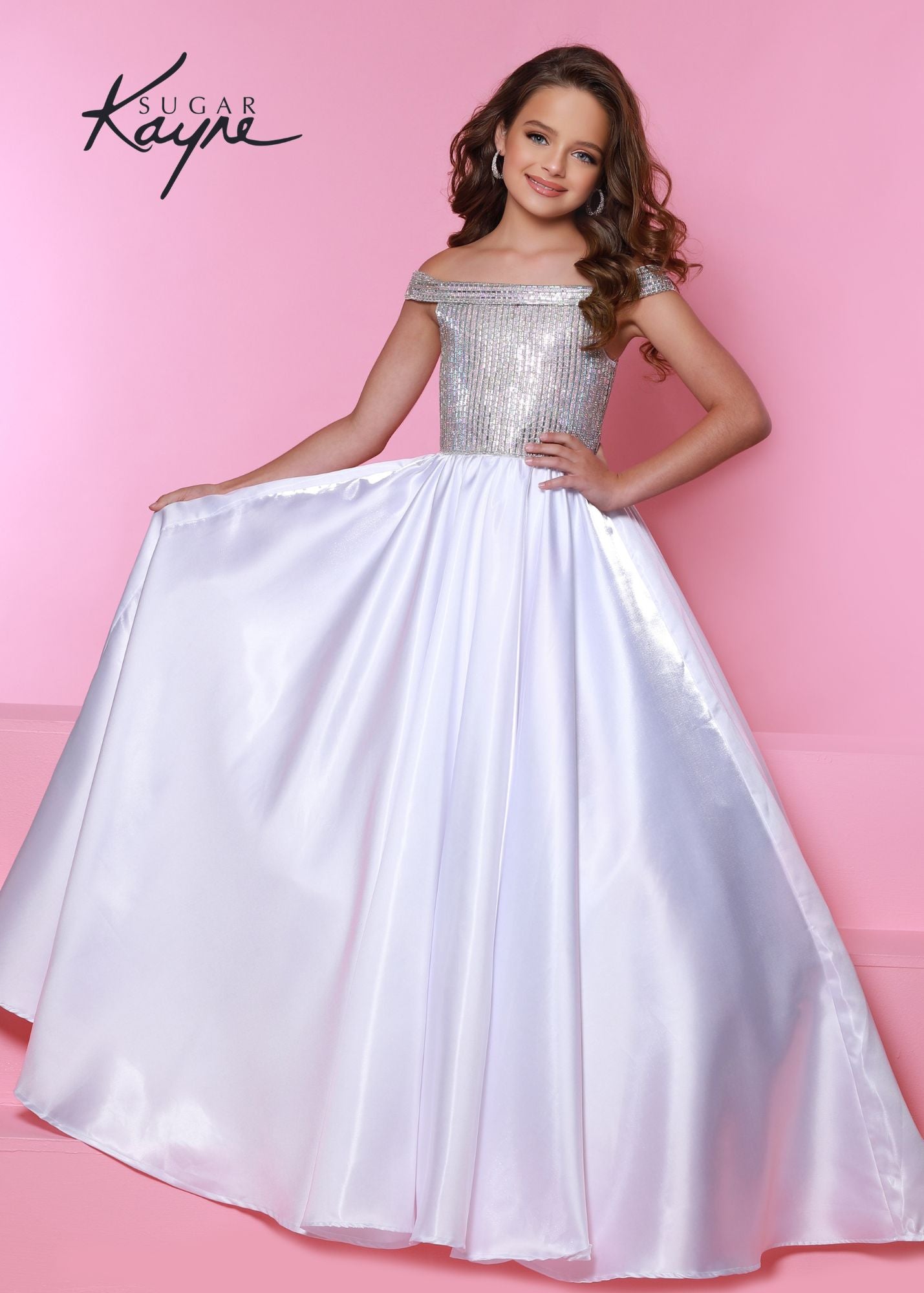 Sugar Kayne C313 Long Shimmer Satin off the shoulder Girls Pageant Dress Crystal Bodice Product Details Twinkle twinkle little star – what a princess you will be! Shine bright in this shimmer satin ballgown. The bodice is completed with fully beaded rhinestone trim and off-the-shoulder straps.  Color Aqua, Royal, Red, White  Size 2, 4, 6, 8, 10, 12, 14, 16  Fabric Shimmer Satin, Satin Lining