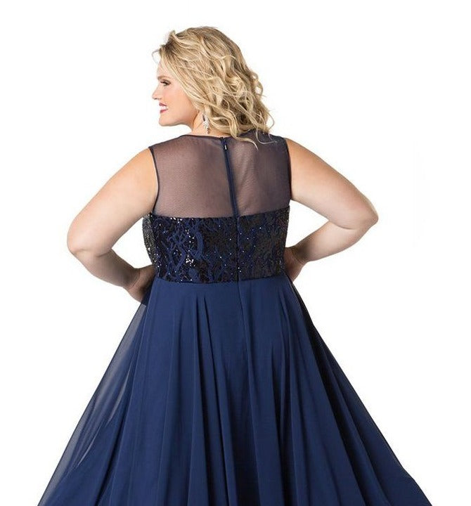 Sydney's Closet 1810 Size 28 Long Prom Dress High Neck Flowing Navy Plus