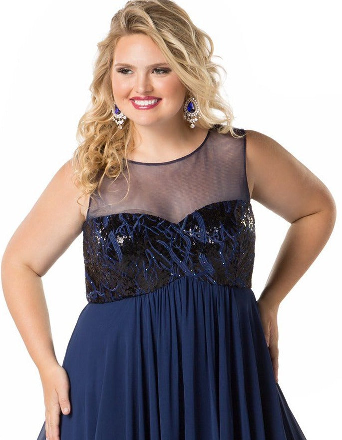 Sydney's Closet 1810 Size 28 Long Prom Dress High Neck Flowing Navy Plus