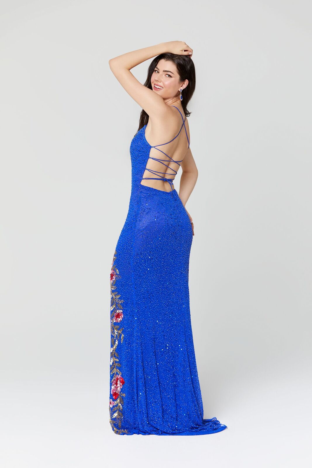 Primavera Couture 3427 size 4, 10 Royal Blue sequin beaded prom dress floral slit details