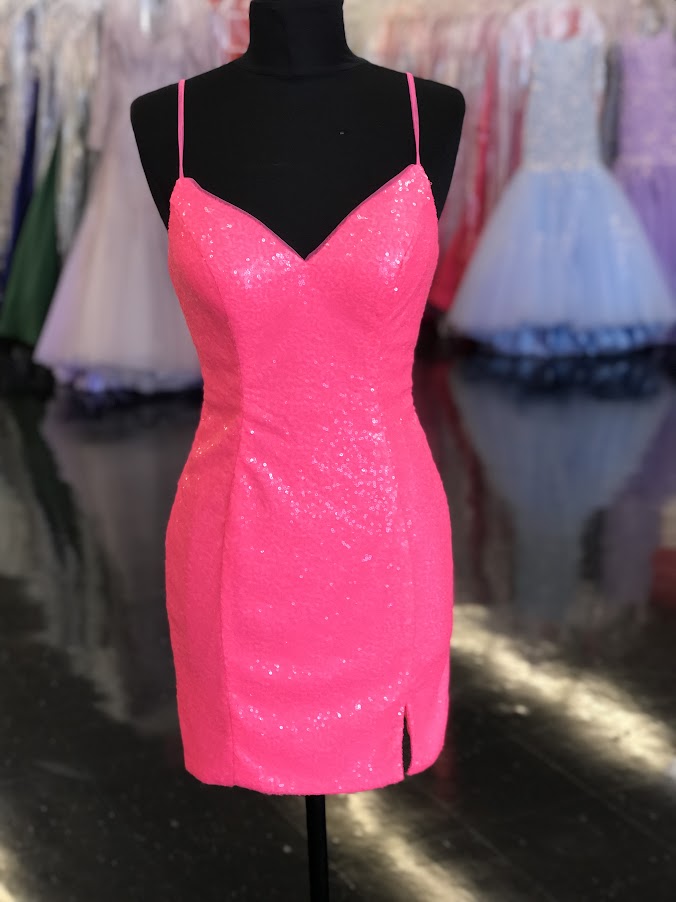 Dave & Johnny 10709 Short Sequin Fitted Cocktail Homecoming Dress Slit V Neck Formal Gown Spaghetti Straps  Sizes: 00, 2  Colors: Neon Pink