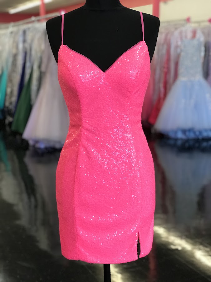 Dave & Johnny 10709 Short Sequin Fitted Cocktail Homecoming Dress Slit V Neck Formal Gown Spaghetti Straps  Sizes: 00, 2  Colors: Neon Pink