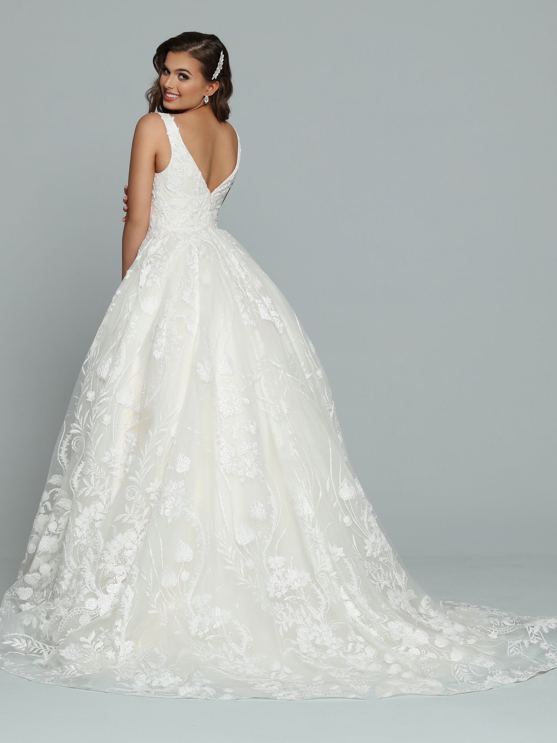 Davinci Bridal 50669 Ivory Wedding Dress Ballgown is a Gorgeous Shimmering A Line Ball gown with pockets! scoop neckline with wide straps. Pearlette accented shimmer lace.