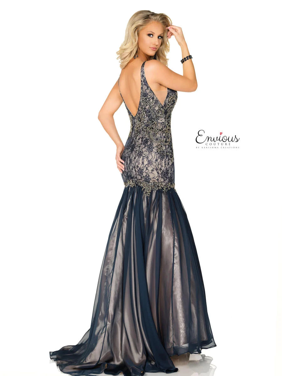 Envious Couture 1199 Size 12,14 Navy Lace Chiffon Mermaid Pageant Dress Prom Gown