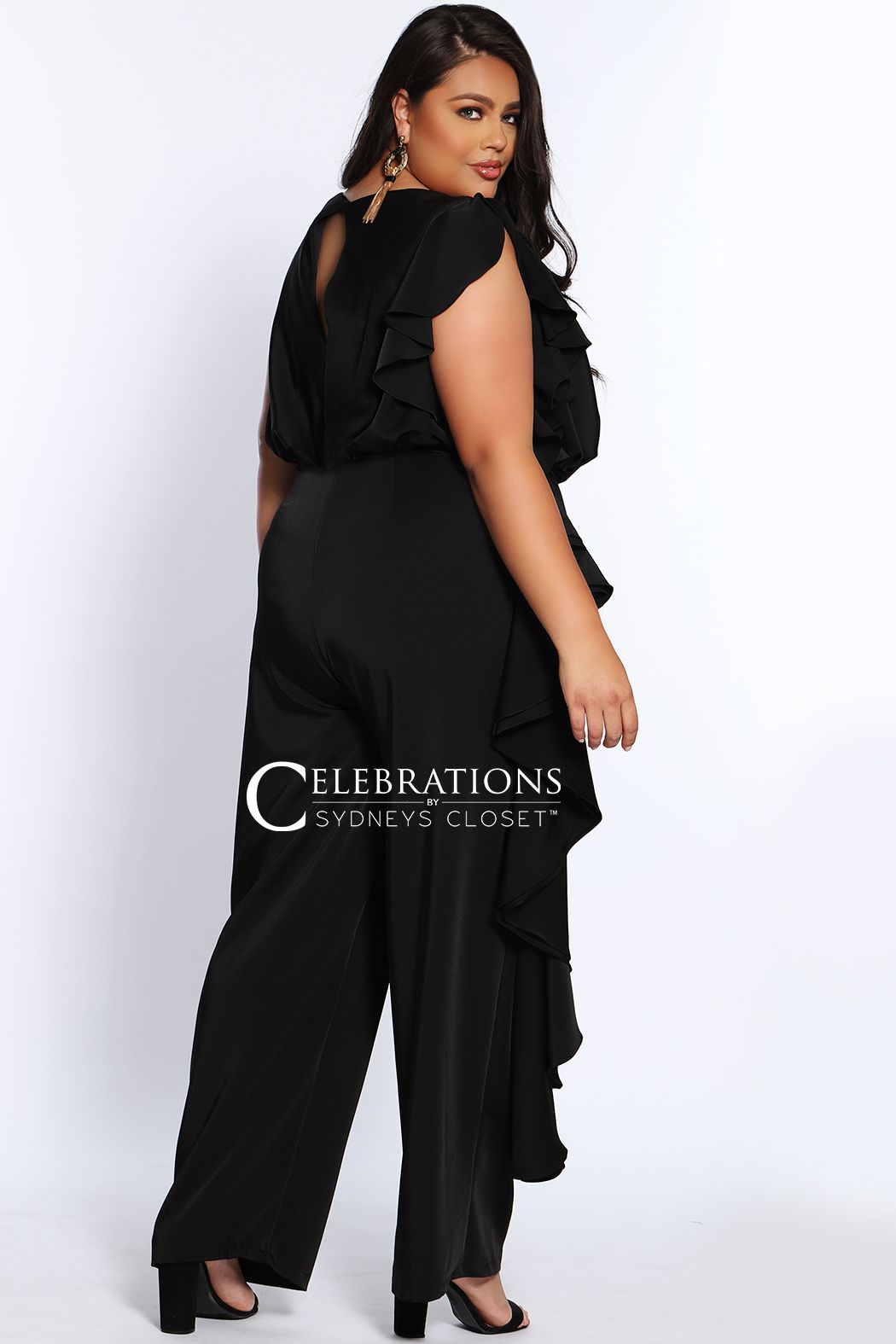 Sydney's Closet CE2014  Trendy plus size formal jumpsuit looks elegant at any special occasion whether you're a guest at a wedding, spending a night on the town or having brunch with family and friends. One-piece silhouette in rich French crepe fabric makes dressing up effortless. 