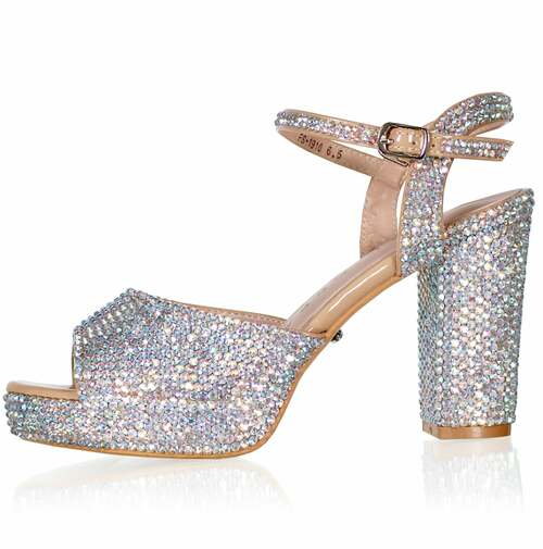 Marc Defang GIAVANNA AB CRYSTALS Platform Pageant Heels Prom Shoes Block  DESCRIPTION 4" Block heels, 1" Platforms Perfect pre-teen and Teen heels!  AB crystals over Nude patent leather Handmade crystal embellishments  Ankle strap feature, Design and constructed for comfort and quality Light weight, performs amazingly well on stage and runway. Medium Width, run true to size. Available Sizes: 5, 5.5, 6, 6.5, 7, 7.5, 8, 8.5, 9, 9.5, 10, 11