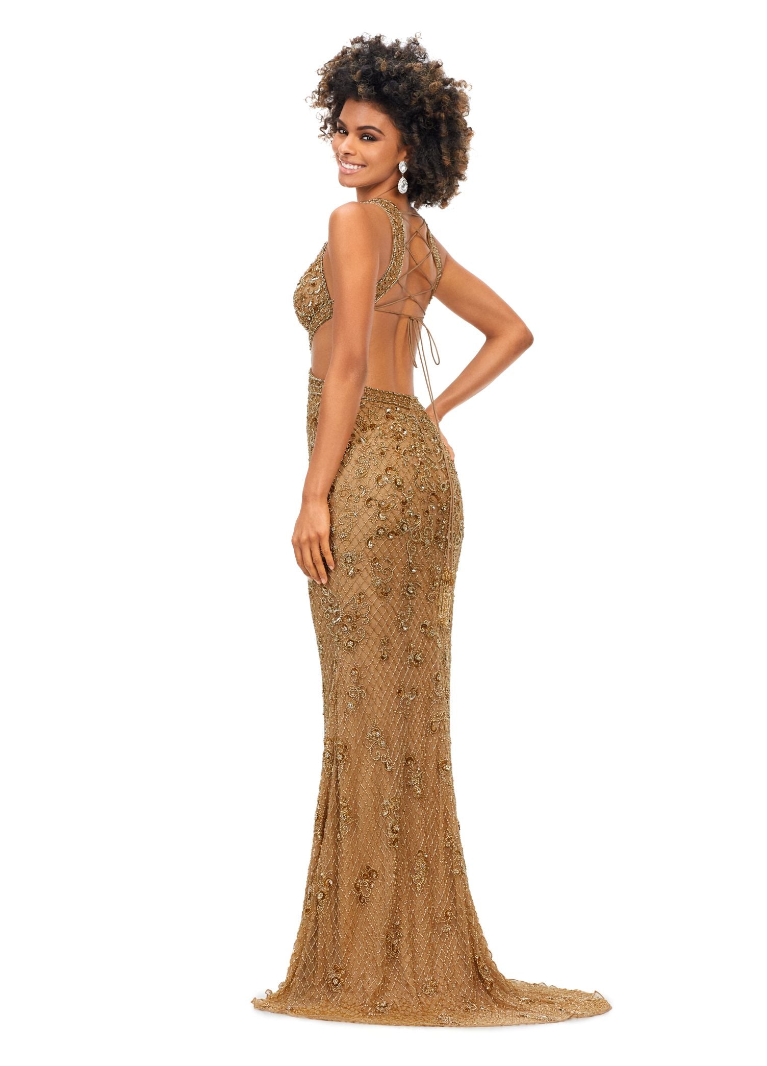 Ashley Lauren 11366 Turn heads in this v-neck gown with side cut outs and an intricate bead pattern. The gown is complete with a lace up open back and sweep train. V-Neckline Cut Outs Lace Up Back Sweep Train COLORS: Gold, Red, Lilac, Peacock